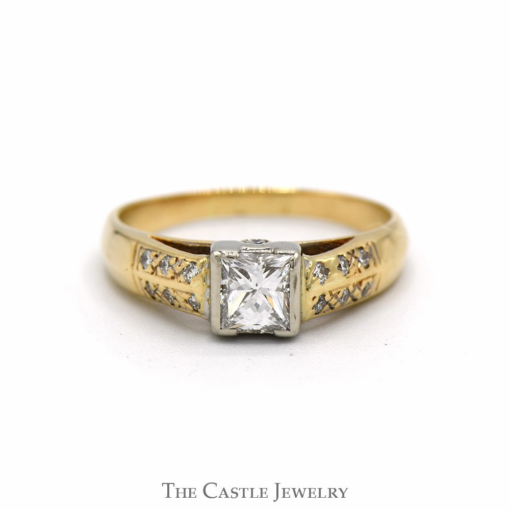 Comfortable Piece 3/4cttw Tension Set Princess Cut Diamond Engagement Ring with Accented Sides in 14k Yellow Gold