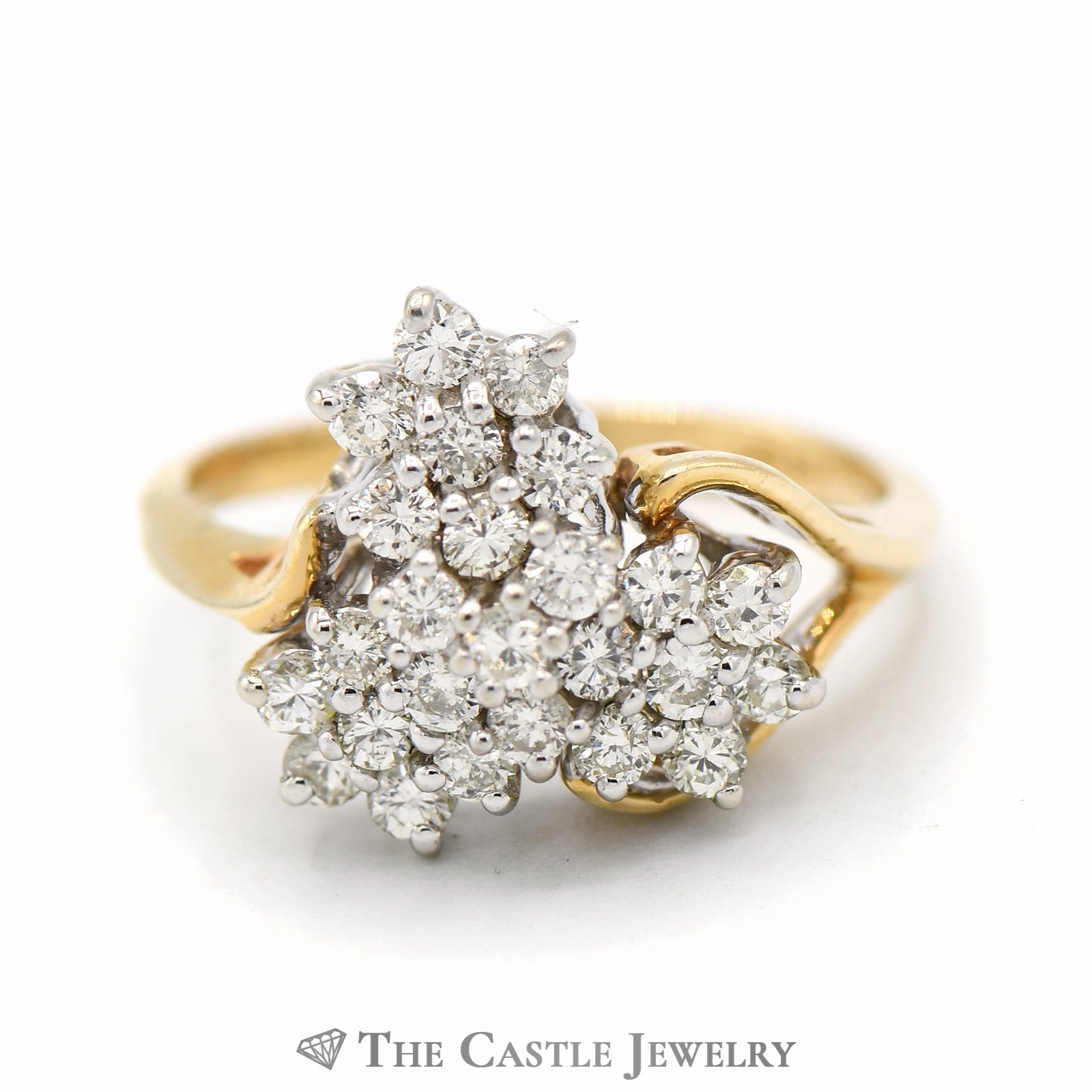 Beta Version 3/4cttw Triple Flower Cluster Ring in 14k Yellow Gold Split Shank Setting