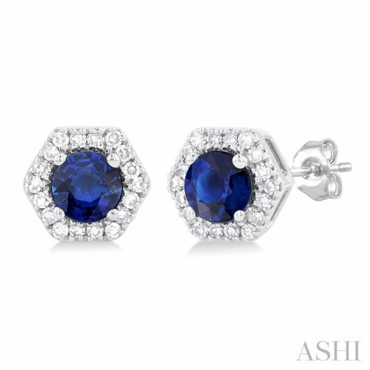 3.5 MM Round Sapphire and 1/10 ctw Single Cut Diamonds Halo Precious Stud Earrings in 10K White Gold Subtle Charm