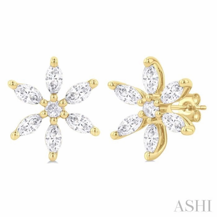 Charming Treasures 3/8 Ctw Floral Motif Marquise and Round Cut Diamond Fashion Stud Earring in 14K Yellow Gold