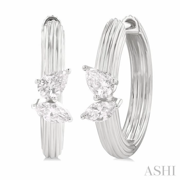 Impeccable Accent Timeless Appeal 3/8 Ctw Marquise and Pear Cut Diamond Ribbed Hoop Fashion Earrings in 14K White Gold