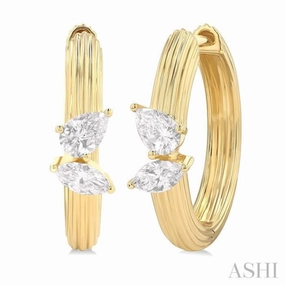 Elegant Style Pieces 3/8 Ctw Marquise and Pear Cut Diamond Ribbed Hoop Fashion Earrings in 14K Yellow Gold