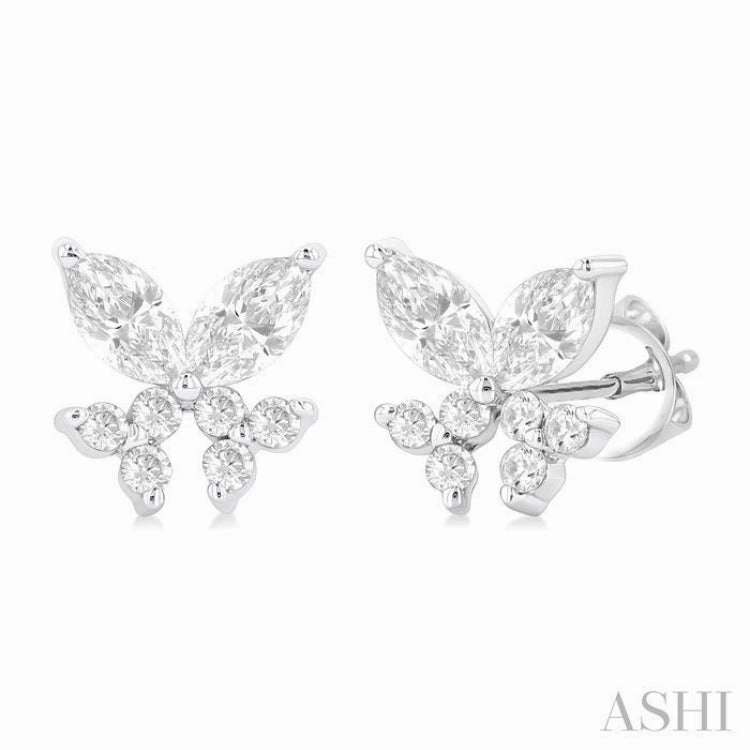 3/8 Ctw Marquise and Round Cut Diamond Criss-Cross Fish Stud Earrings in 14K White Gold Bright Pop