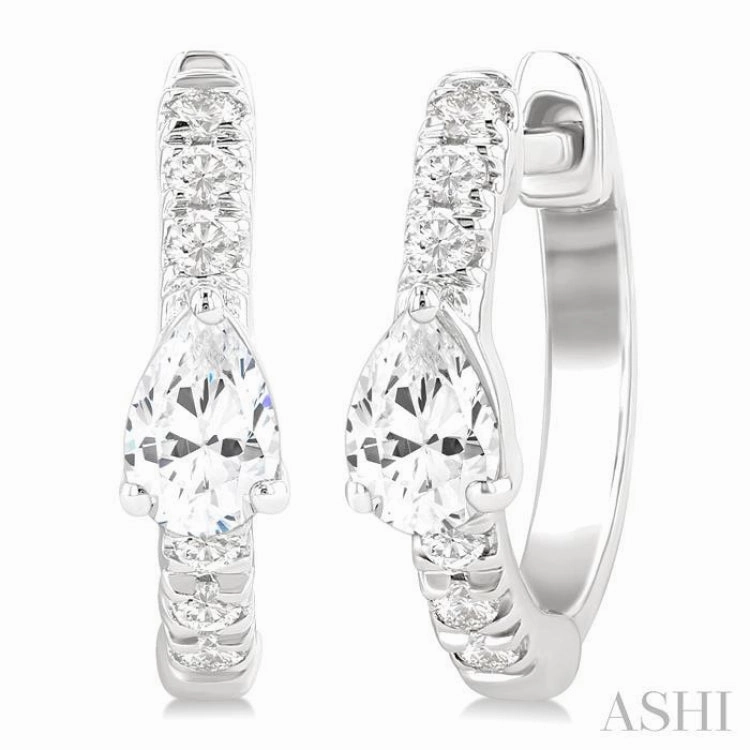 Distinct Style Layered Spark 3/8 Ctw Pear Shape and Round Cut Diamond Fashion Huggie Petite Earrings in 14K White Gold