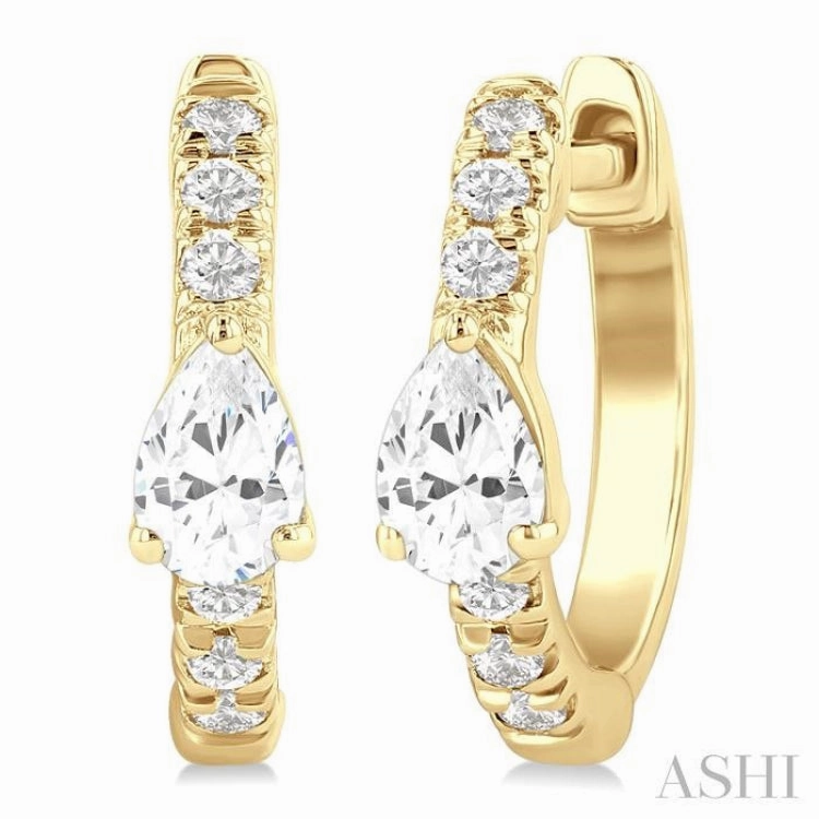 Comfort Style Sophisticated Shine Pieces 3/8 Ctw Pear Shape and Round Cut Diamond Fashion Huggie Petite Earrings in 14K Yellow Gold