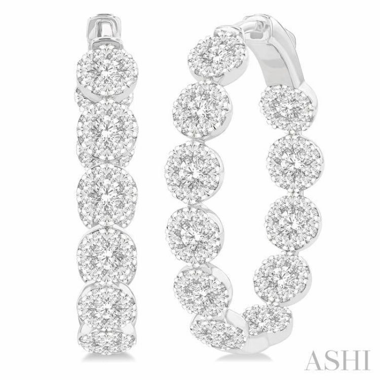 3 Ctw Circular Link Lovebright In-Out Round Cut Diamond Hoop Earring in 14K White Gold Shiny Pop