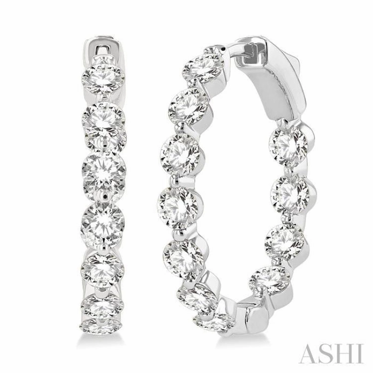 Opulent Sparkle Exquisite Edge 3 Ctw Inside-Out Single Prong Set Round Cut Diamond Hoop Earrings in 14K White Gold