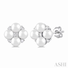 3 MM Floral Round Shape Cultured Pearl and 1/20 ctw Round Cut Diamond Fashion Stud Earring in 10K White Gold Bold Layering