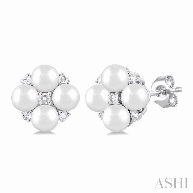 3 MM Floral Round Shape Cultured Pearl and 1/20 ctw Round Cut Diamond Fashion Stud Earring in 10K White Gold Bold Layering