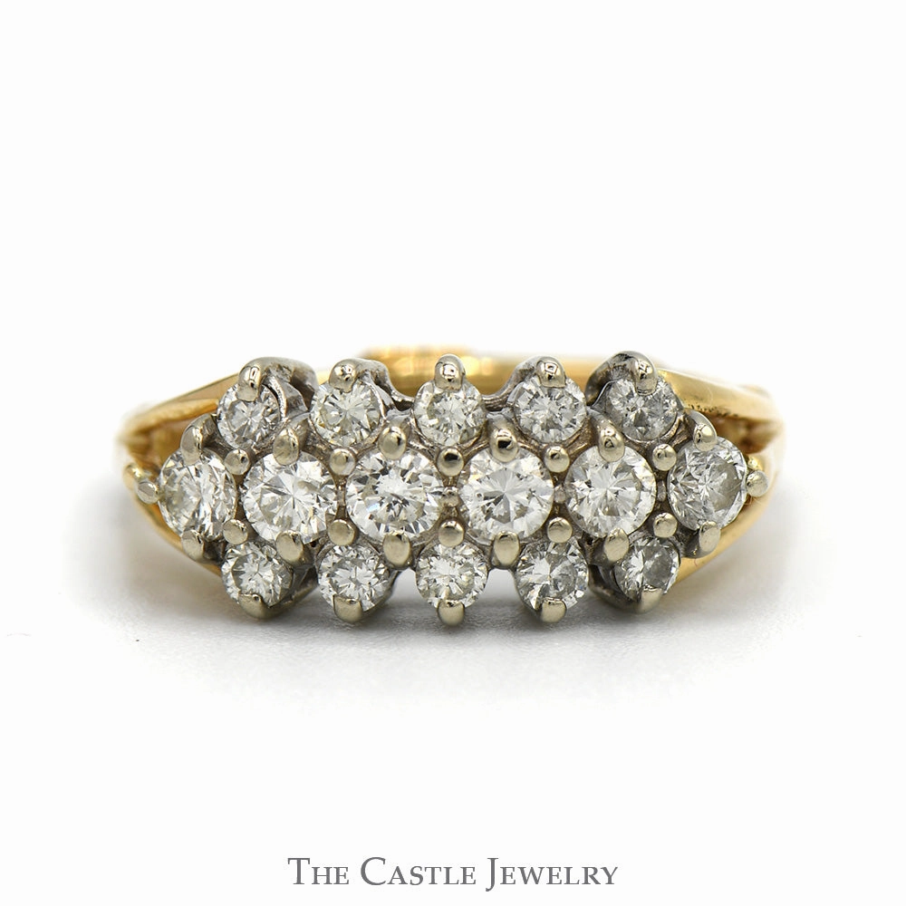 3 Row 3/4cttw Diamond Cluster Band in 14k Yellow Gold Arthritic Shank Designer Expression Soft Edge