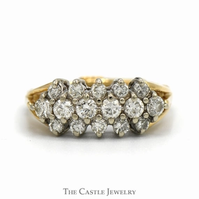 3 Row 3/4cttw Diamond Cluster Band in 14k Yellow Gold Arthritic Shank Designer Expression Soft Edge