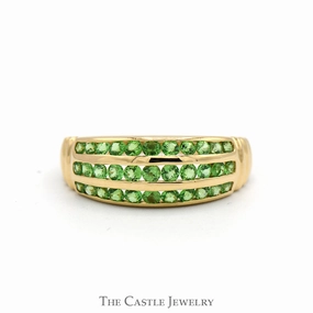 3 Row Channel Set Green Spinel Dome Ring in 14k Yellow Gold Smooth Surface Premium Piece
