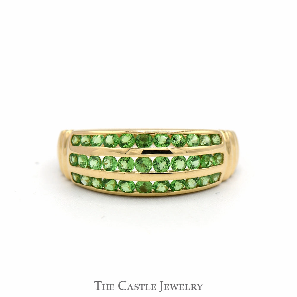 3 Row Channel Set Green Spinel Dome Ring in 14k Yellow Gold Smooth Surface Premium Piece