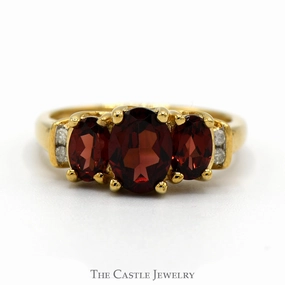 3 Stone Oval Garnet Ring with Diamond Accents in 10k Yellow Gold Timeless Piece Modern Wear