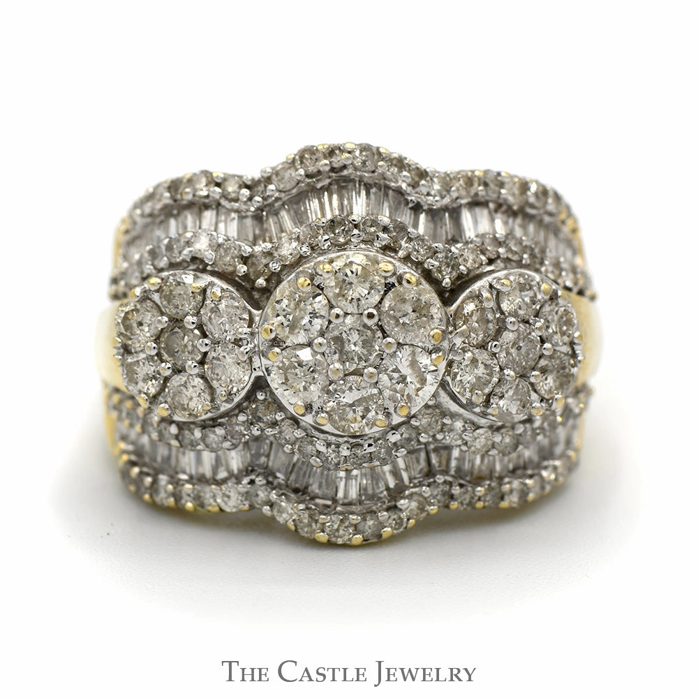 3cttw Triple Round Cluster Ring with Baguette Cut Accents in Tapered 10k Yellow Gold Mounting Brilliant Accessory Daytime Elegance