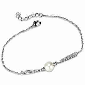 3W1041 - Rhodium Brass Bracelet with Synthetic Pearl in White Licensed Design