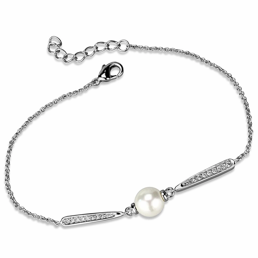 3W1041 - Rhodium Brass Bracelet with Synthetic Pearl in White On-Trend Picks Adjustable Feature