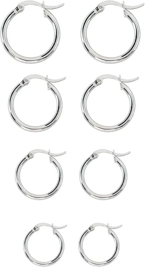 4 Pairs Set Hoop Earrings Buckle Stylish Minimalist Design Statement Earrings Anniversary Earrings for Women (Silver, One Size)