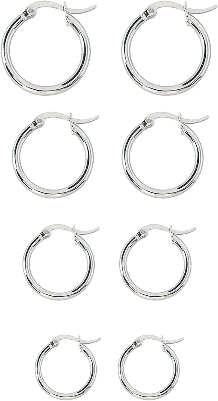 4 Pairs Set Hoop Earrings Buckle Stylish Minimalist Design Statement Earrings Anniversary Earrings for Women (Silver, One Size)