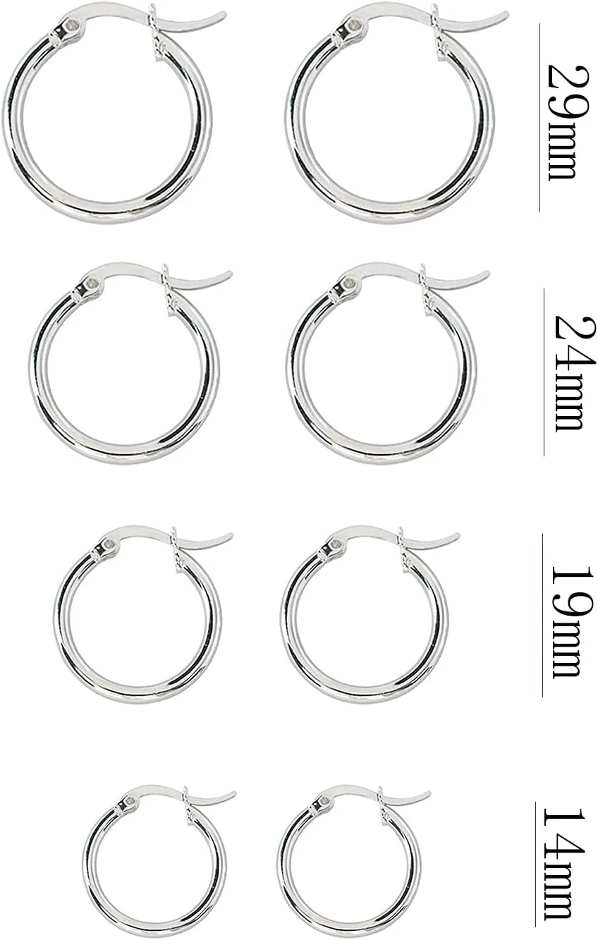 4 Pairs Set Hoop Earrings Buckle Stylish Minimalist Design Statement Earrings Anniversary Earrings for Women (Silver, One Size)