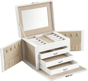 4-Tier Lockable Jewelry Organizer With Mirror & 3 Drawers - Detachable PU Leather Case For Earrings, Necklaces - Travel-Friendly Compact Storage Box, Gift Idea、