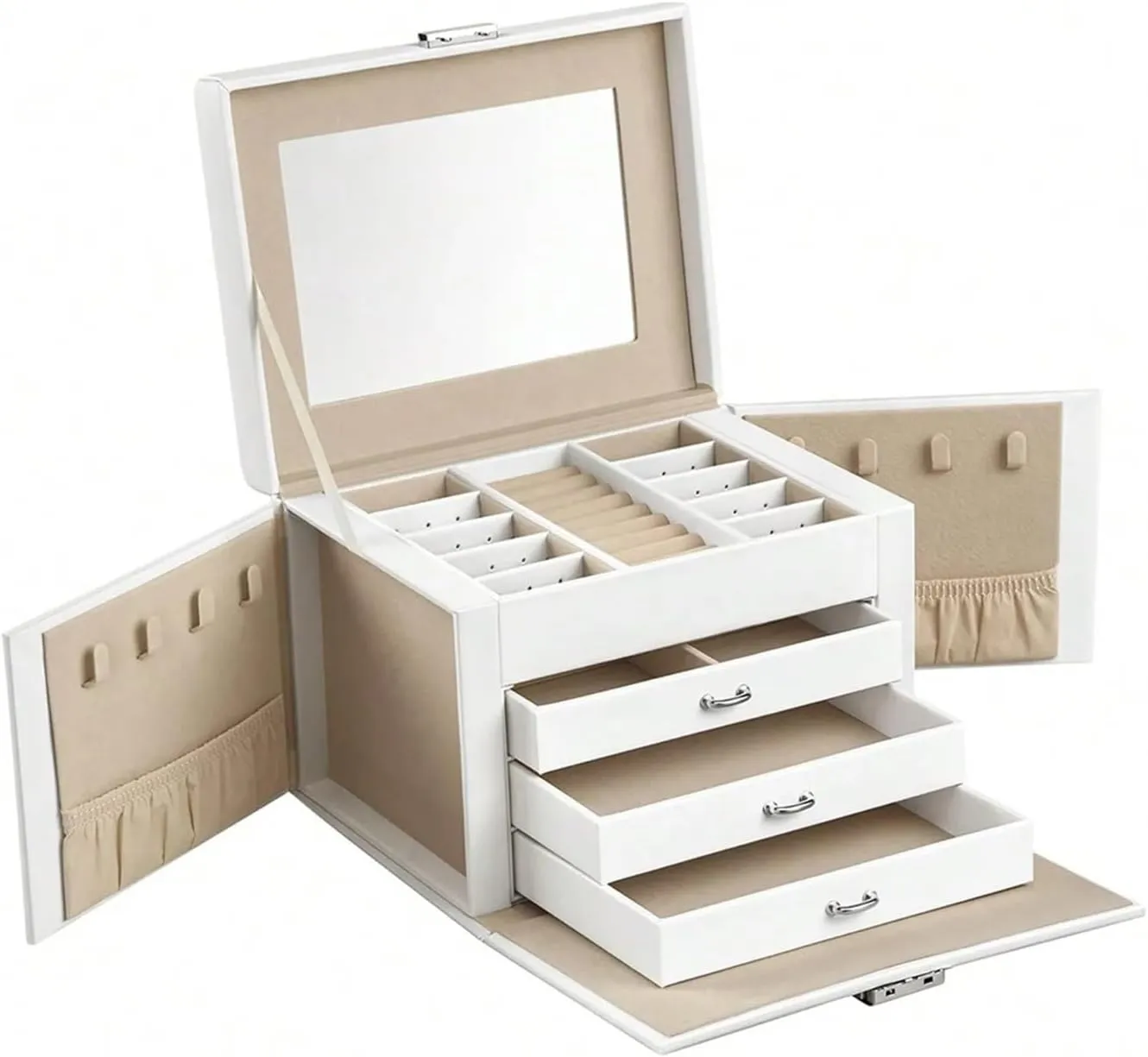 4-Tier Lockable Jewelry Organizer With Mirror & 3 Drawers - Detachable PU Leather Case For Earrings, Necklaces - Travel-Friendly Compact Storage Box, Gift Idea、