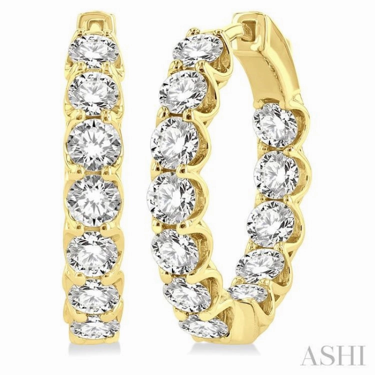 4 Ctw Inside-Out Round Cut Diamond Hoop Earrings in 14K Yellow Gold Smooth Lines Brilliant Finish