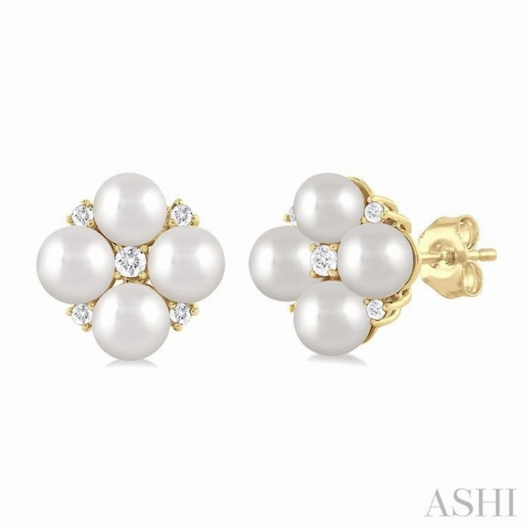 Custom Shine Design 4 MM Round Shape Floral Cultured Pearls and 1/10 ctw Round Cut Diamond Fashion Stud Earring in 10K Yellow Gold