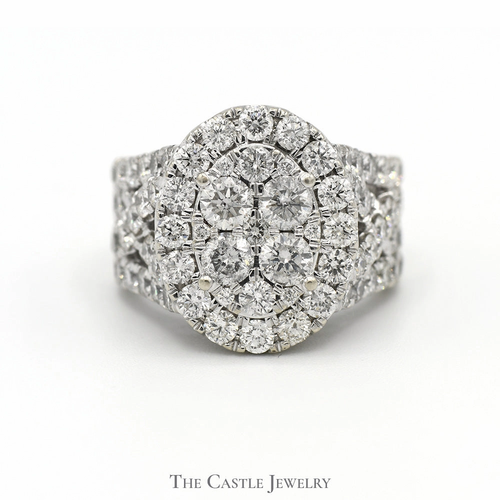 Rural Elegance 4cttw Oval Shaped Diamond Cluster Ring with Wide Diamond Accented Split Shank Sides in 14k White Gold