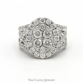 Rural Elegance 4cttw Oval Shaped Diamond Cluster Ring with Wide Diamond Accented Split Shank Sides in 14k White Gold