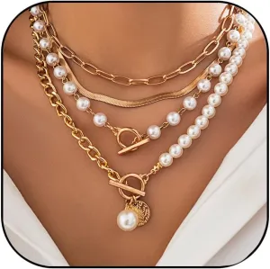 4Pcs Layered Gold Necklace for Women Chunky Gold Necklace Stack Paperclip Chain Pearl Necklace Snake Chain Choker Necklace Trendy Jewelry