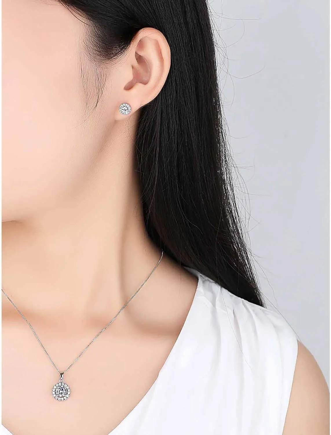 4pcs Set Zirconia Pendant Necklace Earrings Ring Bangle Set Silver Crystal Fashion Adjustable Zircon Jewelry for Women Wife Party Prom Engagement Wedding Gifts
