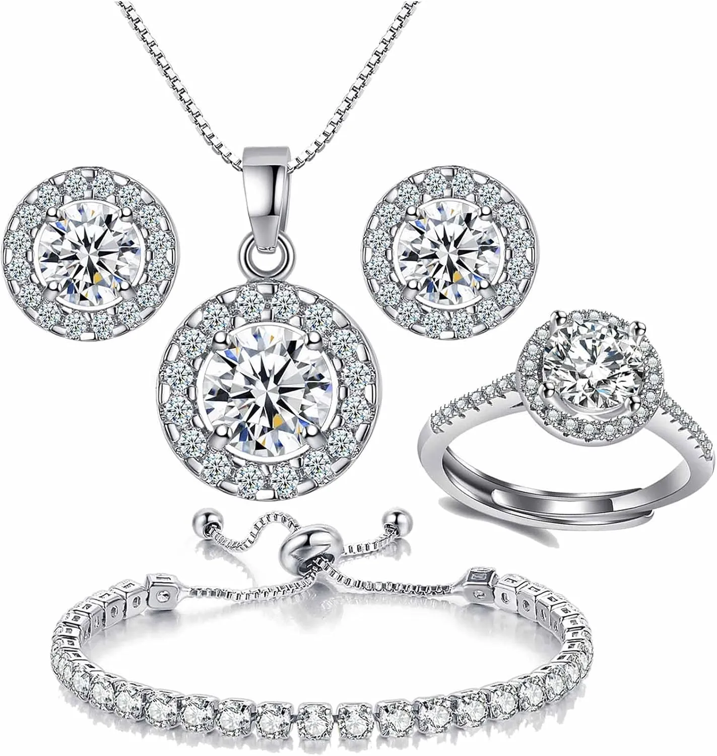 4pcs Set Zirconia Pendant Necklace Earrings Ring Bangle Set Silver Crystal Fashion Adjustable Zircon Jewelry for Women Wife Party Prom Engagement Wedding Gifts