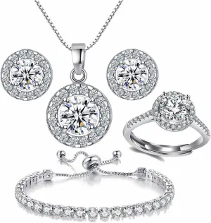 4pcs Set Zirconia Pendant Necklace Earrings Ring Bangle Set Silver Crystal Fashion Adjustable Zircon Jewelry for Women Wife Party Prom Engagement Wedding Gifts