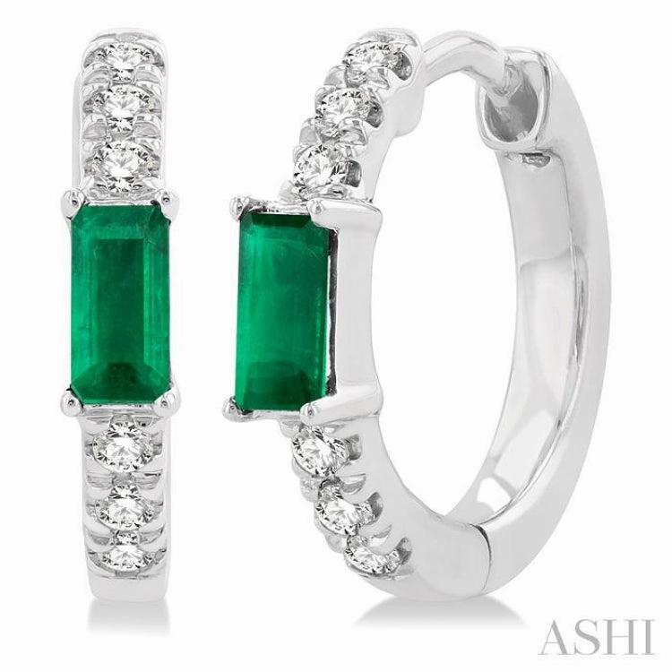Luxury Appeal Evening Set 4X2 MM Baguette Cut Emerald and 1/8 Ctw Petite Round Cut Diamond Fashion Huggies in 10K White Gold