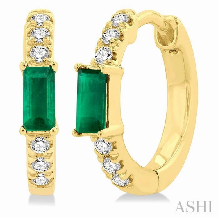 Dainty Design 4X2 MM Baguette Cut Emerald and 1/8 Ctw Petite Round Cut Diamond Fashion Huggies in 10K Yellow Gold