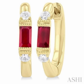 Outdoor Glam Shiny Gems 4X2 MM Baguette Cut Ruby and 1/10 Ctw Round Cut Diamond Precious Hoop Earring in 10K Yellow Gold
