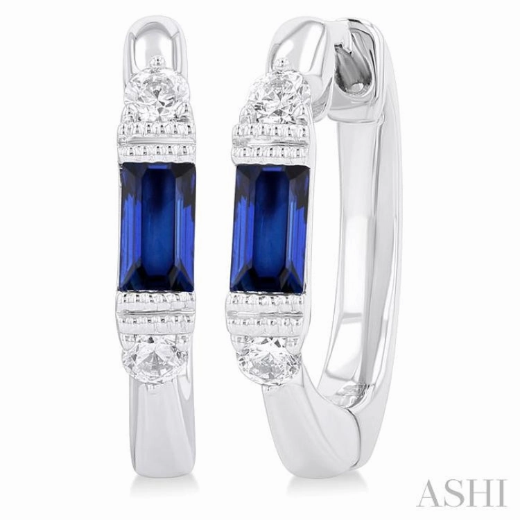 Handcrafted Feature 4X2 MM Baguette Cut Sapphire and 1/10 Ctw Round Cut Diamond Precious Hoop Earring in 10K White Gold
