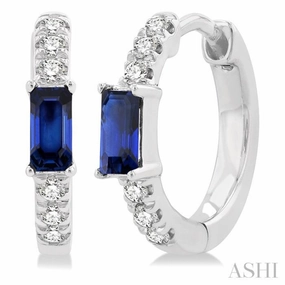 Subtle Touch 4X2 MM Baguette Cut Sapphire and 1/8 Ctw Petite Round Cut Diamond Fashion Huggies in 10K White Gold