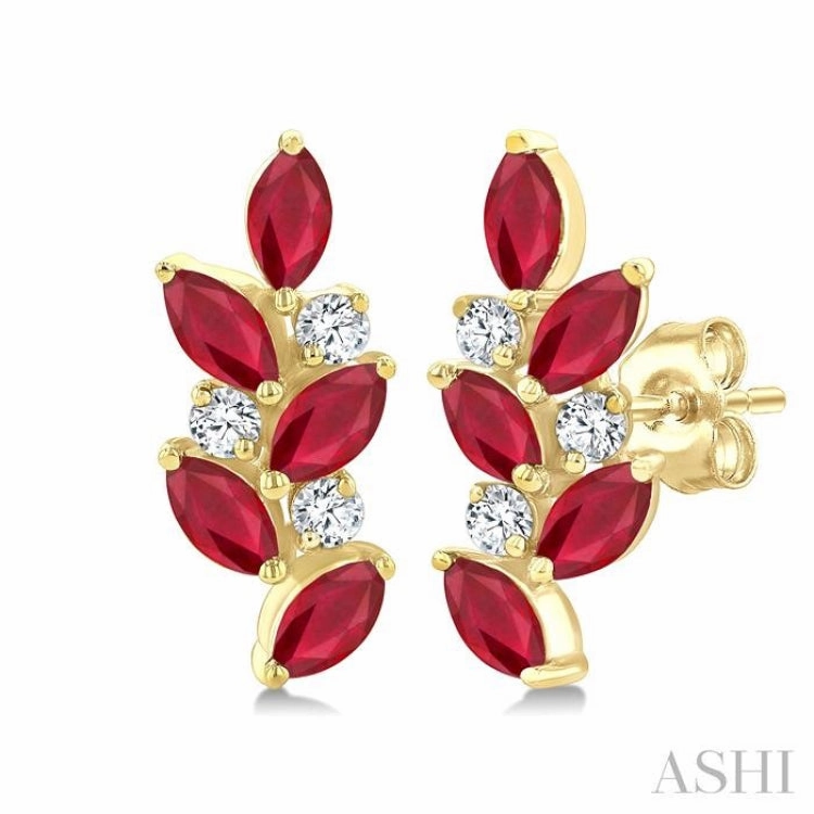 Date Look Elegant Shine Finish 4X2 MM Marquise Shape Ruby and 1/6 Ctw Round Cut Diamond Zig-Zag Precious Earrings in 14K Yellow Gold
