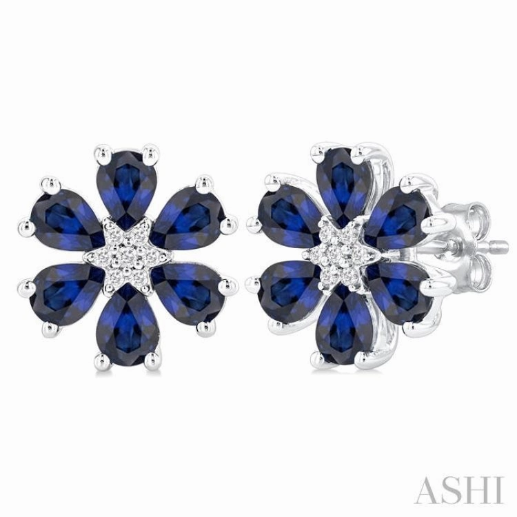 4X3 MM Floral Blossom Pear Cut Sapphire and 1/20 Ctw Round Cut Diamond Precious Stud Earring in 14K White Gold Opulent Accent
