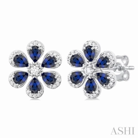 4X3 MM Floral Blossom Pear Cut Sapphire and 1/3 ctw Round Cut Diamond Precious Stud Earring in 14K White Gold Artistic Form Formal Accent