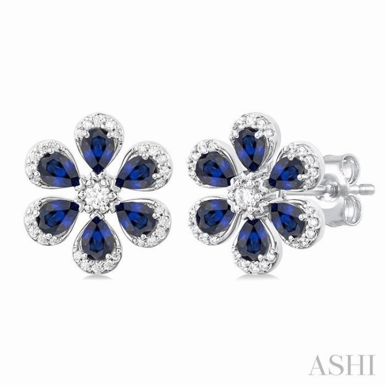 4X3 MM Floral Blossom Pear Cut Sapphire and 1/3 ctw Round Cut Diamond Precious Stud Earring in 14K White Gold Artistic Form Formal Accent