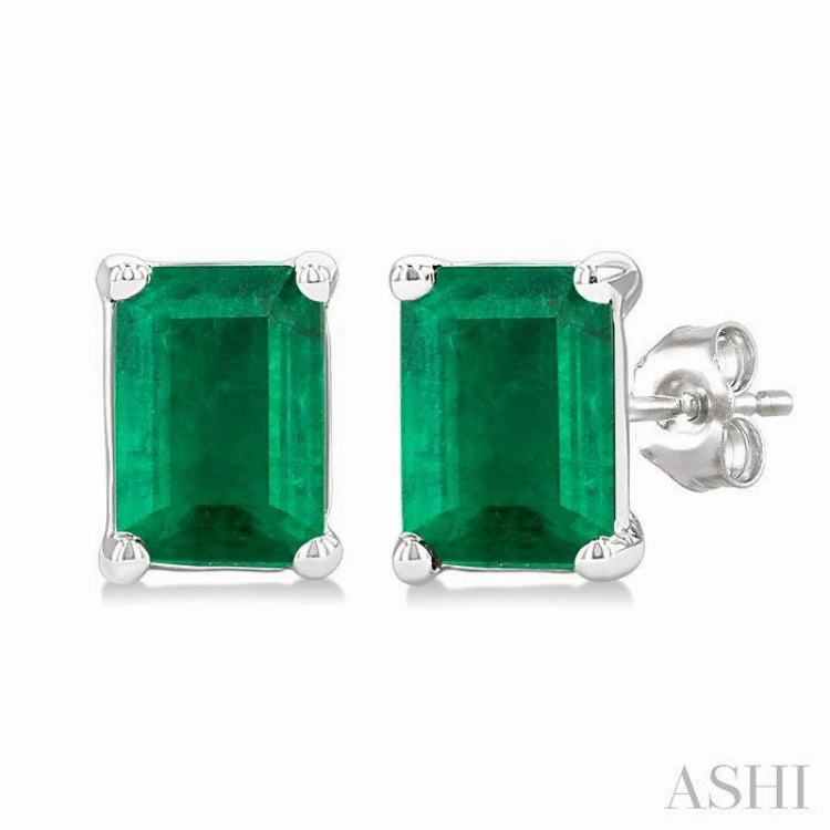 Everyday Glam Dressed Look 4X3 MM Octagon Shape Emerald Precious Stud Earrings in 14K White Gold