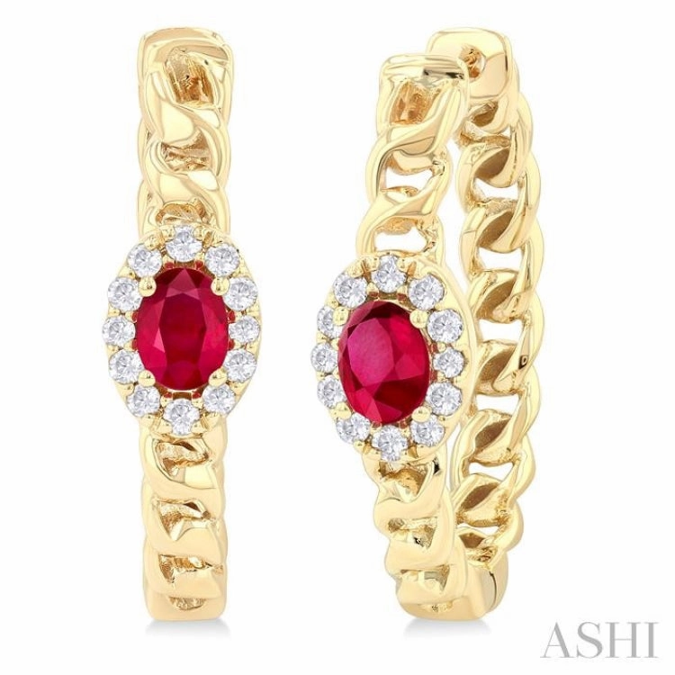 Vivid Finish 4X3 MM Oval Cut Ruby and 1/6 Ctw Curb & Cuban Link Round Cut Diamond Precious Fashion Hoop Earring in 10K Yellow Gold