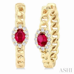 Vivid Finish 4X3 MM Oval Cut Ruby and 1/6 Ctw Curb & Cuban Link Round Cut Diamond Precious Fashion Hoop Earring in 10K Yellow Gold