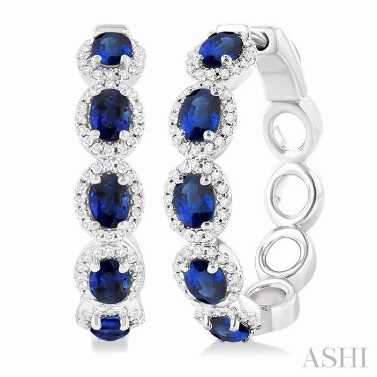 4X3 MM Oval Cut Sapphire and 1/2 ctw Round Cut Diamond Halo Precious Hoop Earring in 14K White Gold Casual Spark