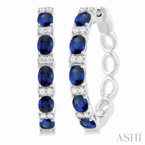 4X3 MM Oval Cut Sapphire and 1/4 ctw Round Cut Diamond Precious Hoop Earring in 14K White Gold Office Style Chic Contour