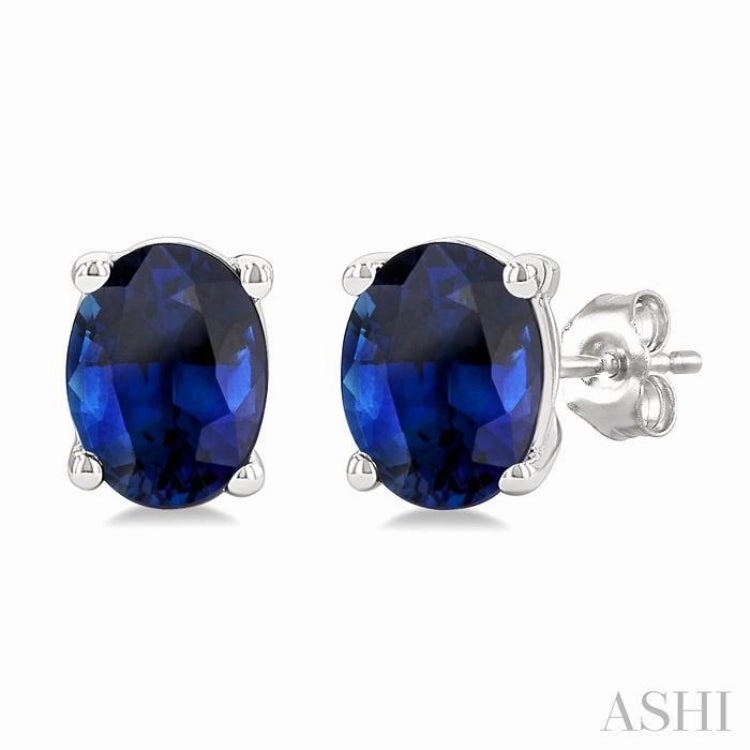 Shiny Stones 4X3 MM Oval Shape Sapphire Precious Stud Earrings in 14K White Gold