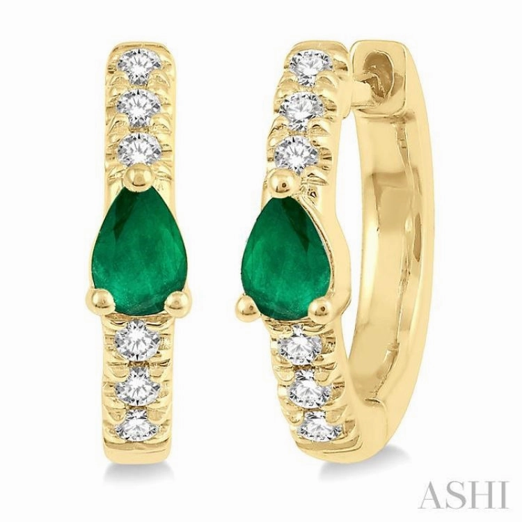 4X3 MM Pear Cut Emerald and 1/10 Ctw Single Cut Diamond Petite Huggie Earrings in 10K Yellow Gold Glowing Details Classic Trend